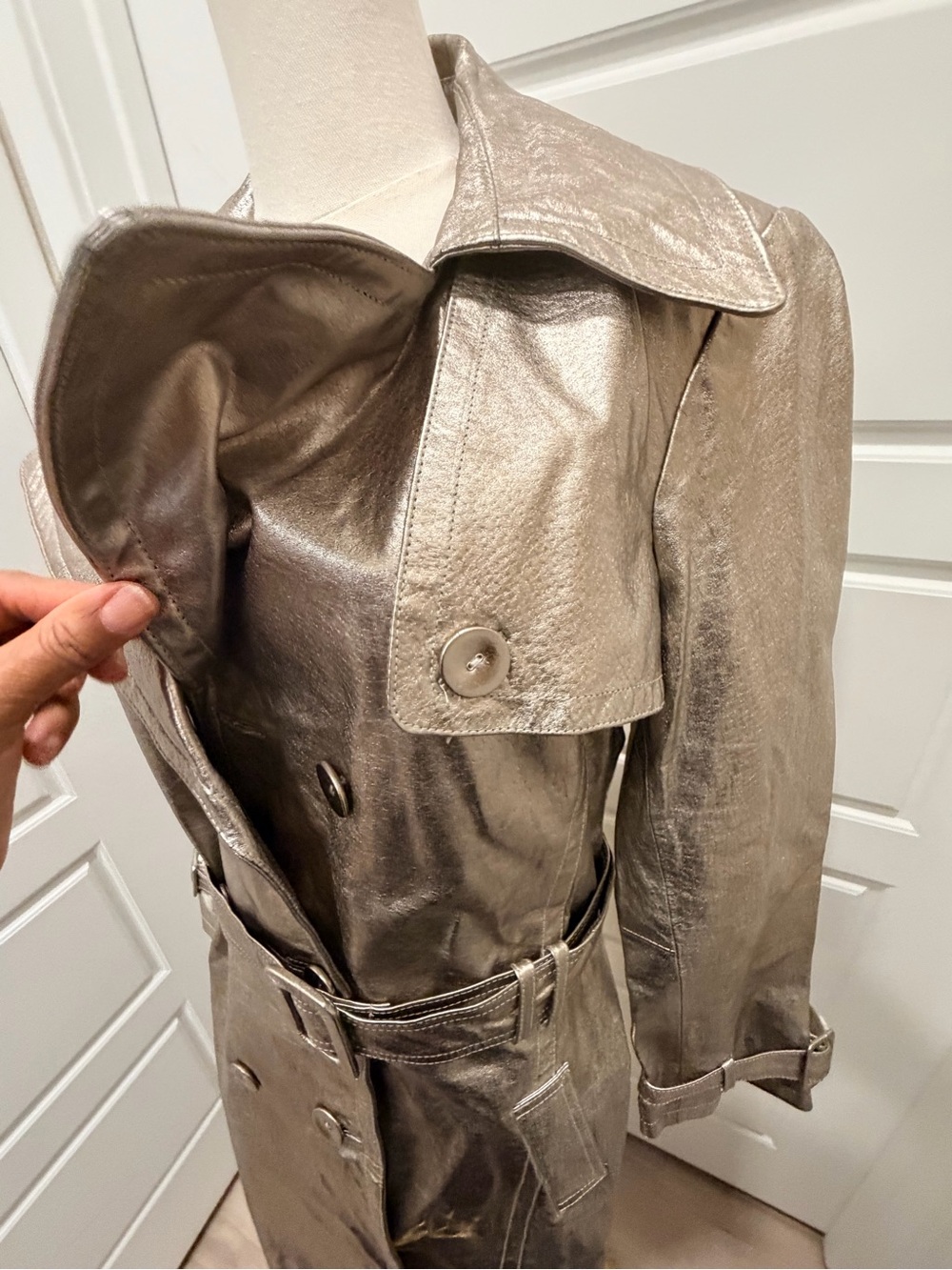 Newport News Metallic Leather Silver Trench Coat with Belt NWT - Picture 7 of 14